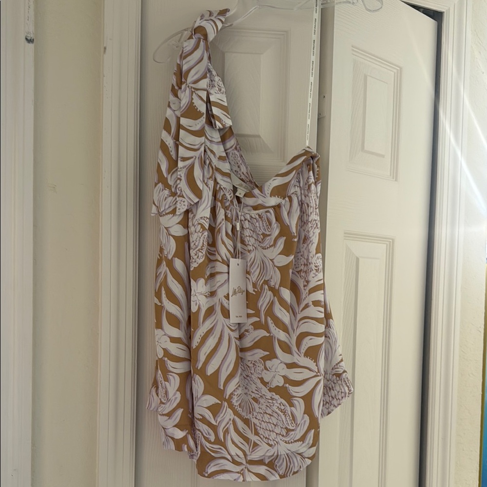Tropical Print One-Shoulder Top in Mustard and White